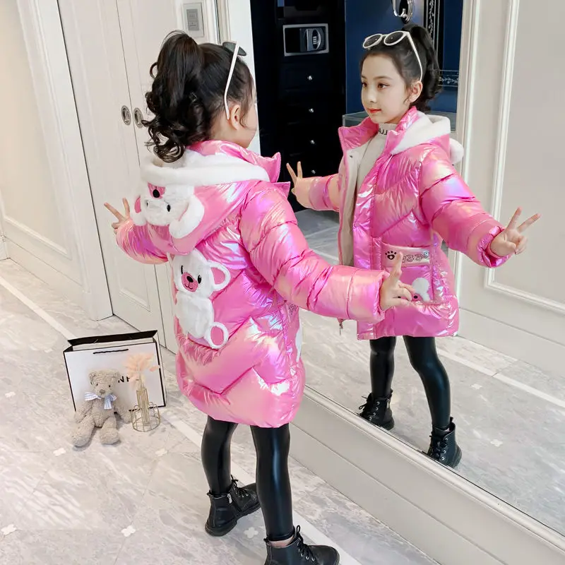 

Girls Long Winter Down Jacket Cute Bear Coats For Girls Parkas Fashion Bright Hooded Children Waterproof Outerwear 6 8 10 Years