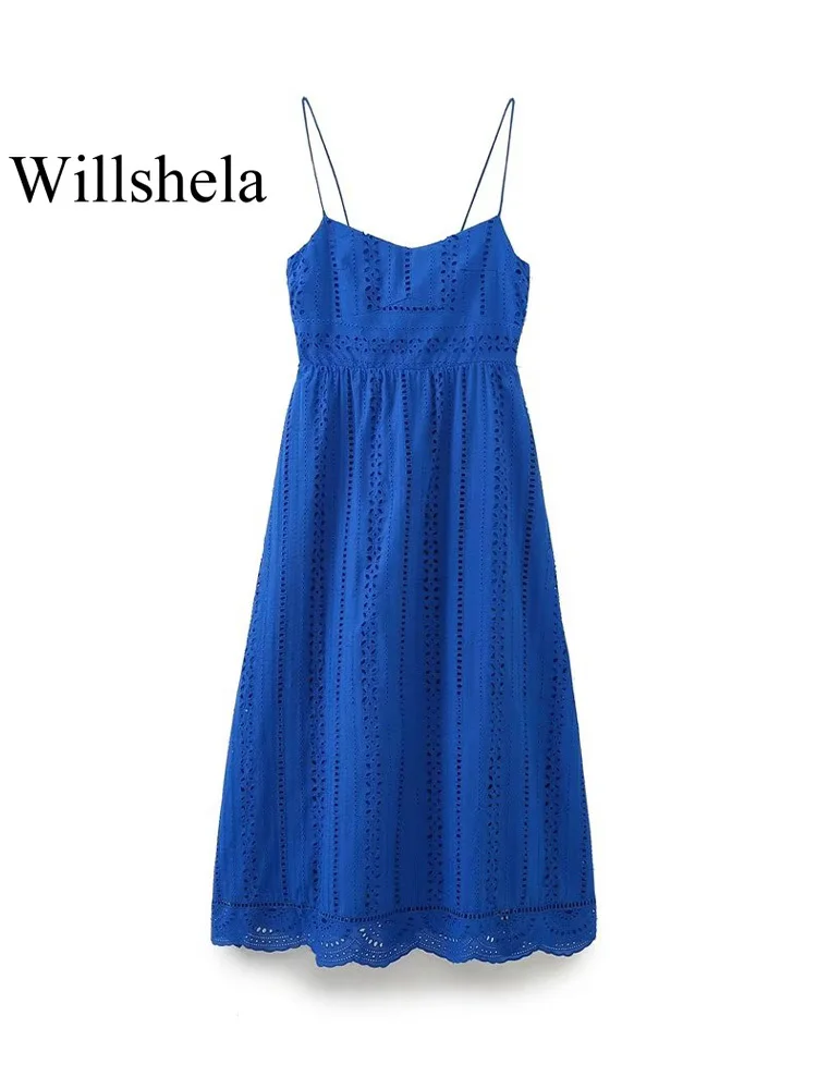 

Willshela Women Fashion Blue Hollow Out Backless Zipper Midi Dress Vintage Thin Straps V-Neck Female Chic Lady Dresses