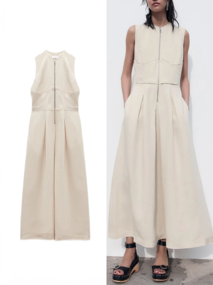 

ZBZA женское летнее новое хлопковое жилет без рукавов с круглым вырезом, длинное платье, повседневное темпераментное платье миди с французской талией и молнией, украшение