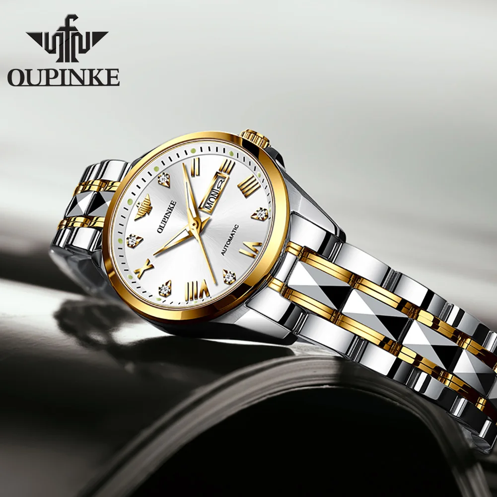 

Часы OUPINKE женские механические, Оригинальные Водонепроницаемые люксовые механические наручные, из нержавеющей стали с подсветкой и датой, 50 м