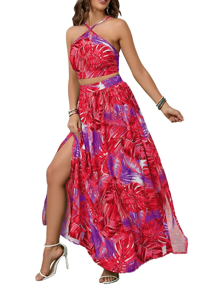 

Женский летний комплект из двух предметов с юбкой и открытой спиной