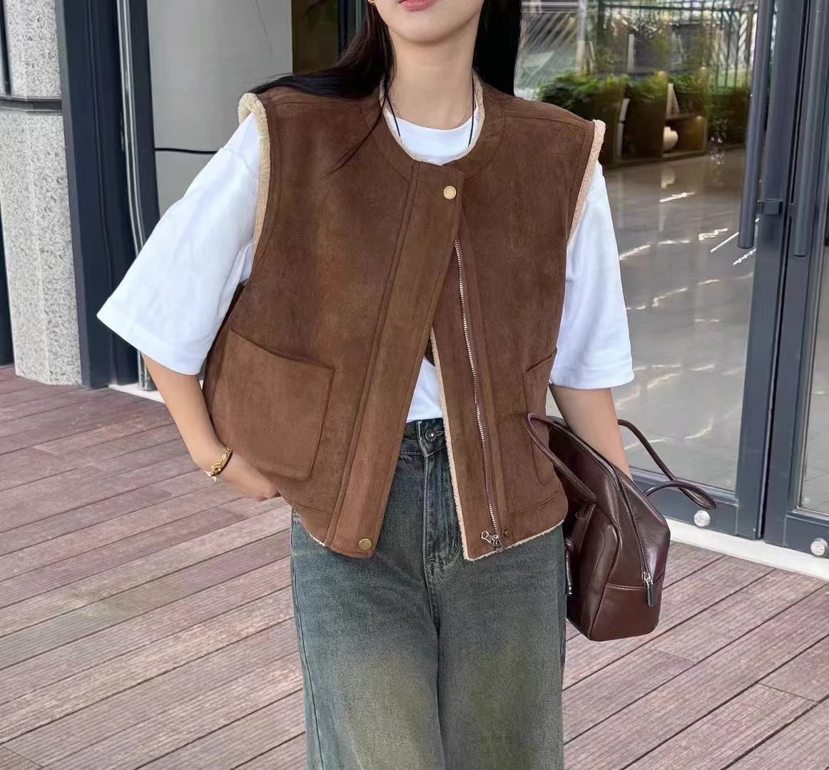 Осень-зима 2024 новый корейский свободный жилет без рукавов с круглым вырезом