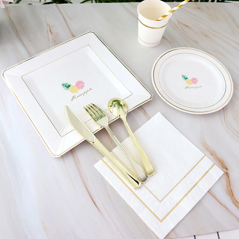 

Pineapple Summer Disposable Tableware Sets Green Monstera Paper Plates Cups Napkins Tropical Hawaii Wedding Party Decor Supplie