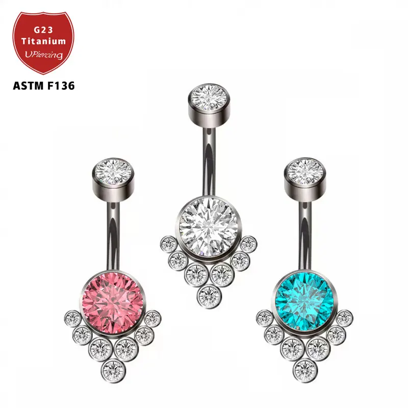 

ASTM F136 Implant Grade Titanium Internal Threaded Belly Bar with Bezel Set CZ Gem Clusters Navel Button Rings Piercing