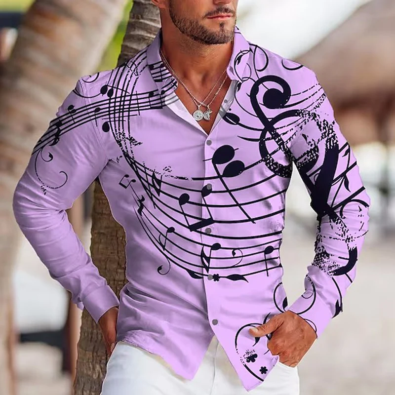 

Рубашка мужская с длинным рукавом, модная Повседневная блуза оверсайз с принтом музыкальных нот, на пуговицах, дизайнерская одежда, весна