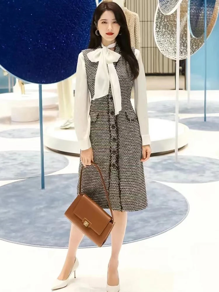 

Designer Fashion Spring Autumn New Women's White Shirt Tweed Back Dress Two Piece Dress Celebrity Party High Quality Elegant