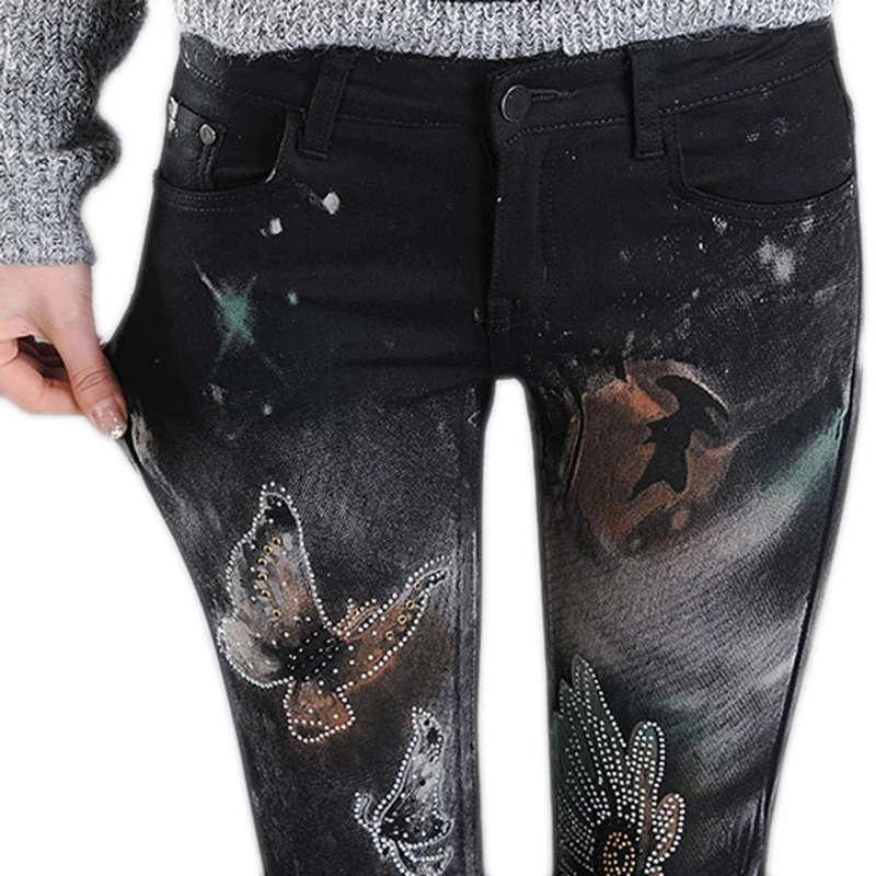

Women's Black Jeans Skinny Casual Rhinestone High Quality Stretch Denim Pants