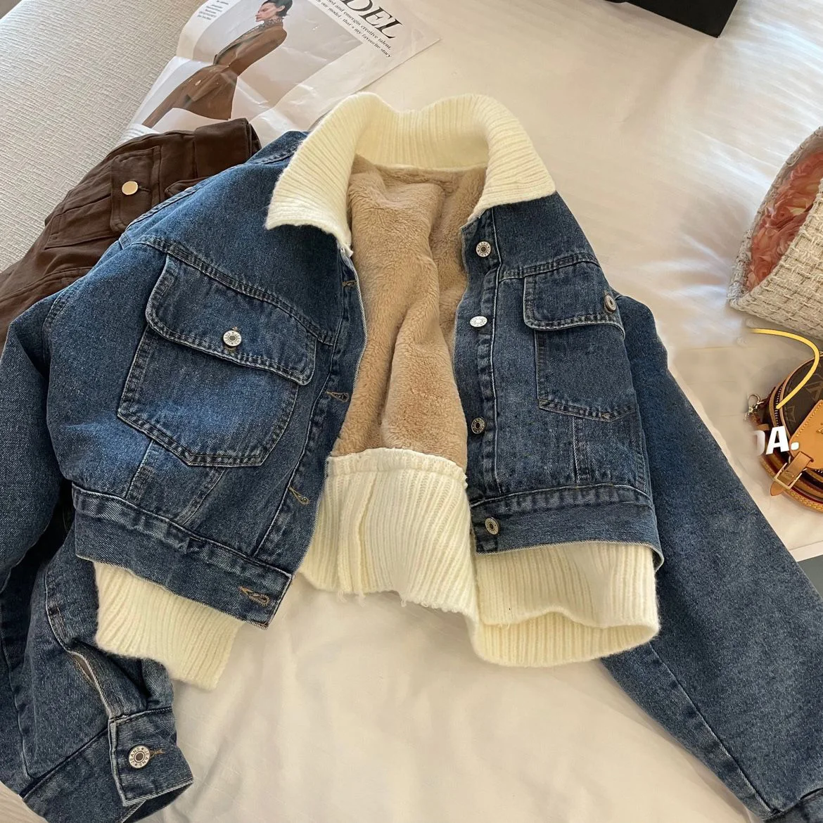 Женская Повседневная теплая джинсовая флисовая куртка зима 2024