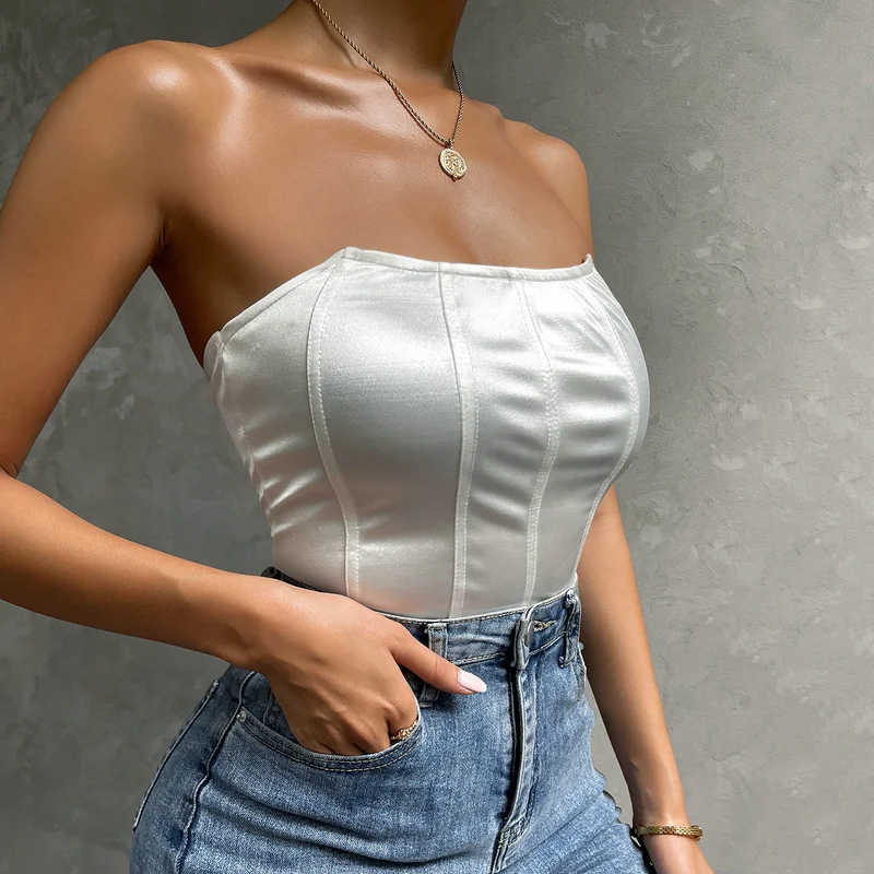 Satin Off Shoulder Bodysuit Women Sexy Backless Summer Clothes Solid Strples Sleeveless Tank Tops Bodycon Club White Bodysuit