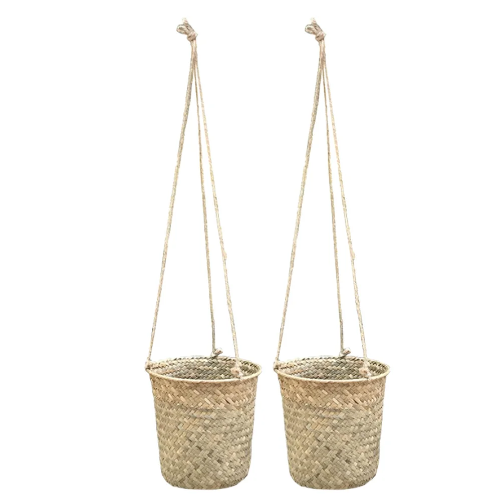 

2 Pcs Hanger Weaving Basket Woven Flower Container Hanging Storage Hand-woven Indoor Straw Retro Vase