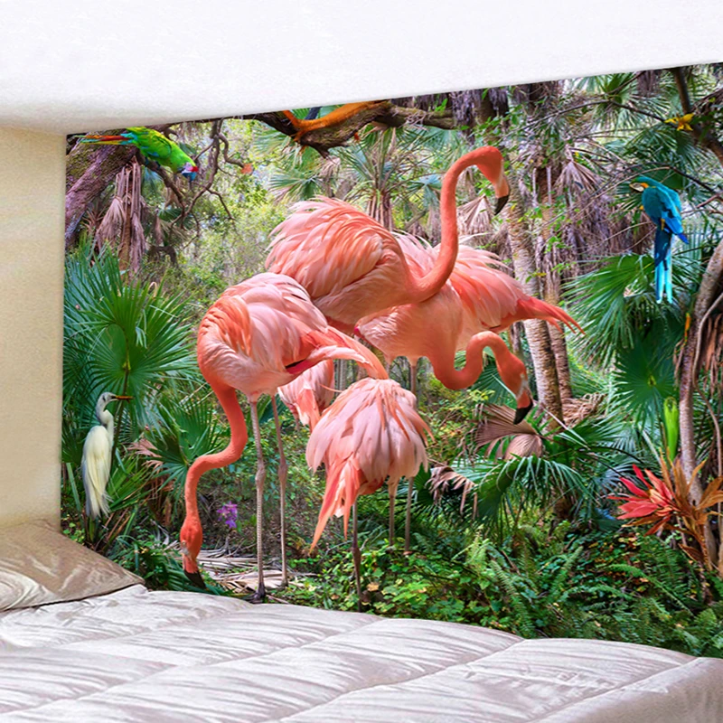 

Pink Flamingo Tapestry Tropical Jungle Animal Wall Hanging Cloth Tapestries Green Palm Leaves Plant Wall Blanket for Home Decor