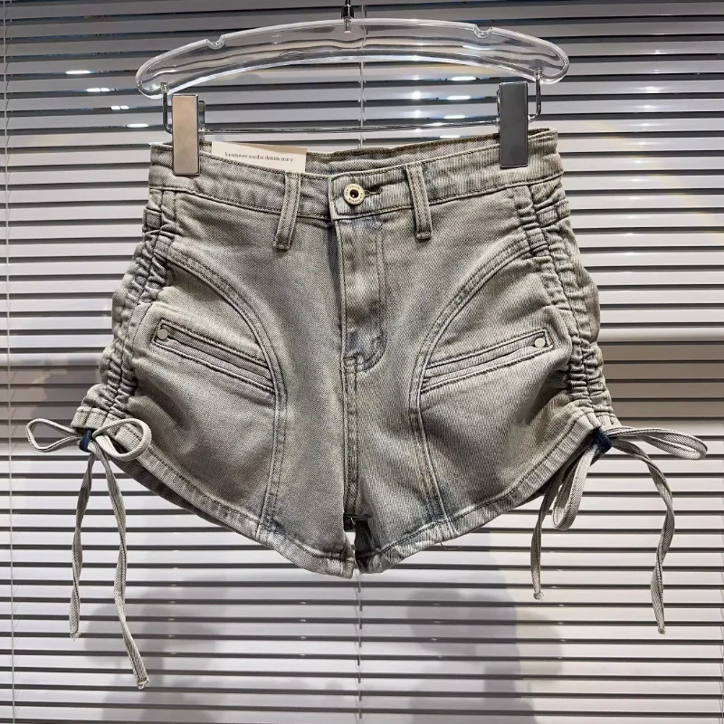 2023 Summer Niche Short Pants Side Drawstring Strap Washed And Worn Hot Girl Denim Shorts Hot Pants Boyfriend Jeans For Women