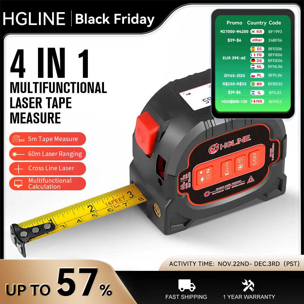 HGLINE 4 в 1 60 м лазерная рулетка 5 линейка ЖК-дисплей мощности электронная лазерный
