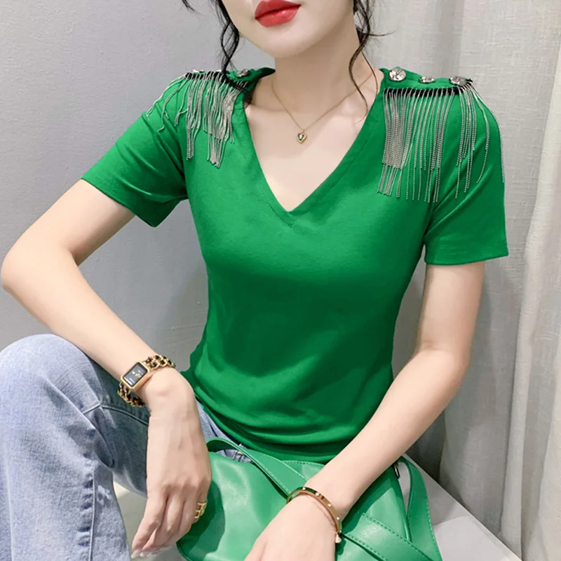 # 5575 Черная зеленая белая офисная футболка женская эластичная хлопковая с