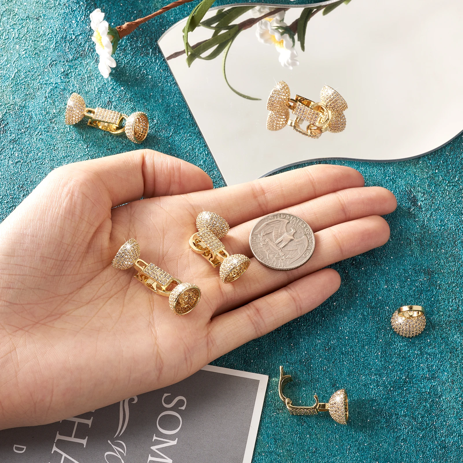 5pcs Brass Cubic Zirconia Fold Over Clasps End Caps Connector Findings For Jewelry Making Bracelet Necklace Supplies 32x12.5mm