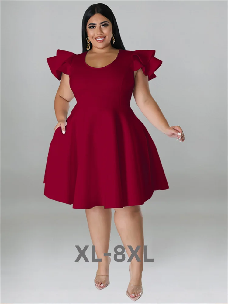 Plus Size Dresses for Women Elegant Party Solid Ruffles Sleeve Big Hem Midi Dress Hot Sale New Wholesa 3xl 4xl 5xl 6xl