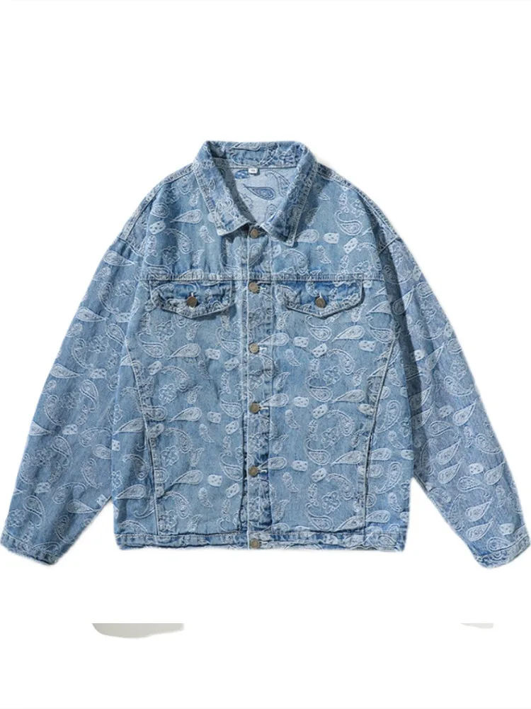 

Men's Spring and Autumn Casual Loose Printed Denim Long Sleeve Jacket Lapel Single Breasted Windproof Large Size M-5XL Jacket
