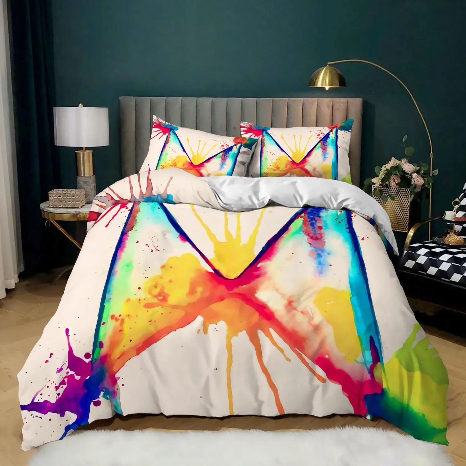 

Personality Dirty Rainbow Queen Duvet Cover Pillowcase Soft Breathable Microfiber King Bedding Sets Zipper Closure & Corner Ties