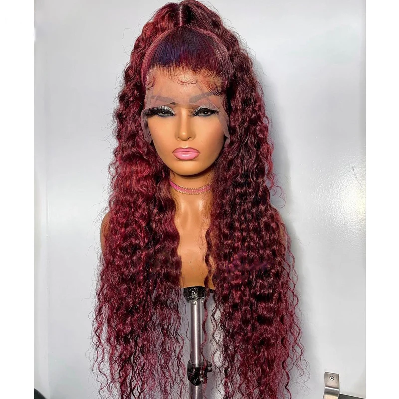 Brazilian Loose Curly Wine Red Color 180%Density 26Inch Soft Lace Front Wig For Black Women With Baby Hair Natural Hairline