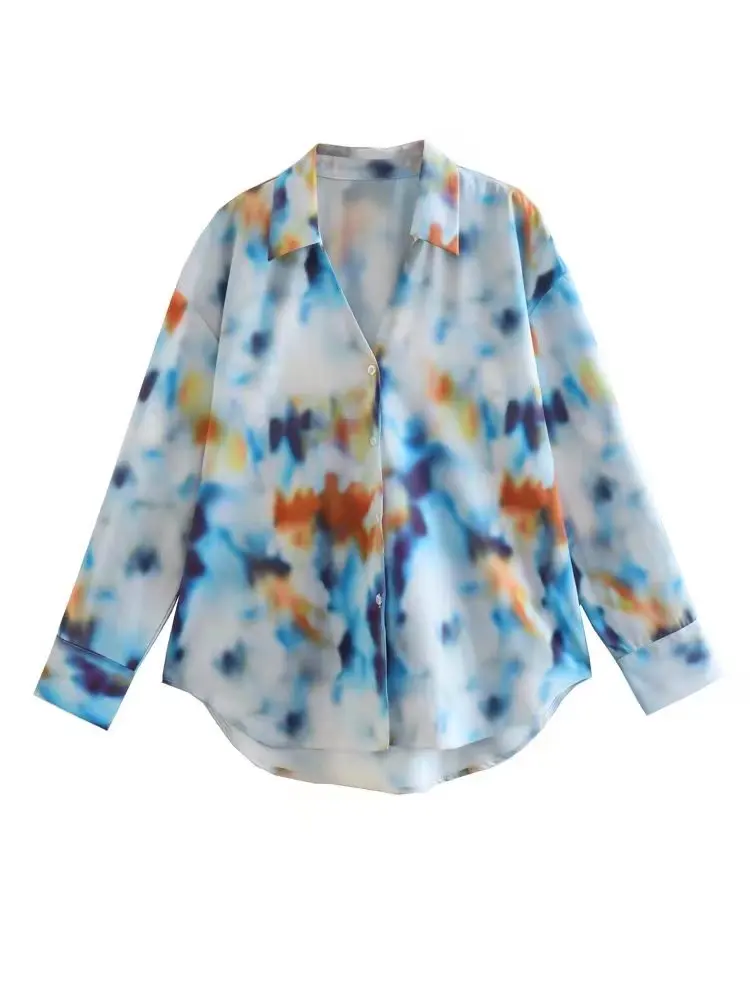 

DYLQFS 2022 Women Autumn Fashion Tie Dye Shirts Casual Single Breasted Lapel Long Sleeves Female Chic Tops
