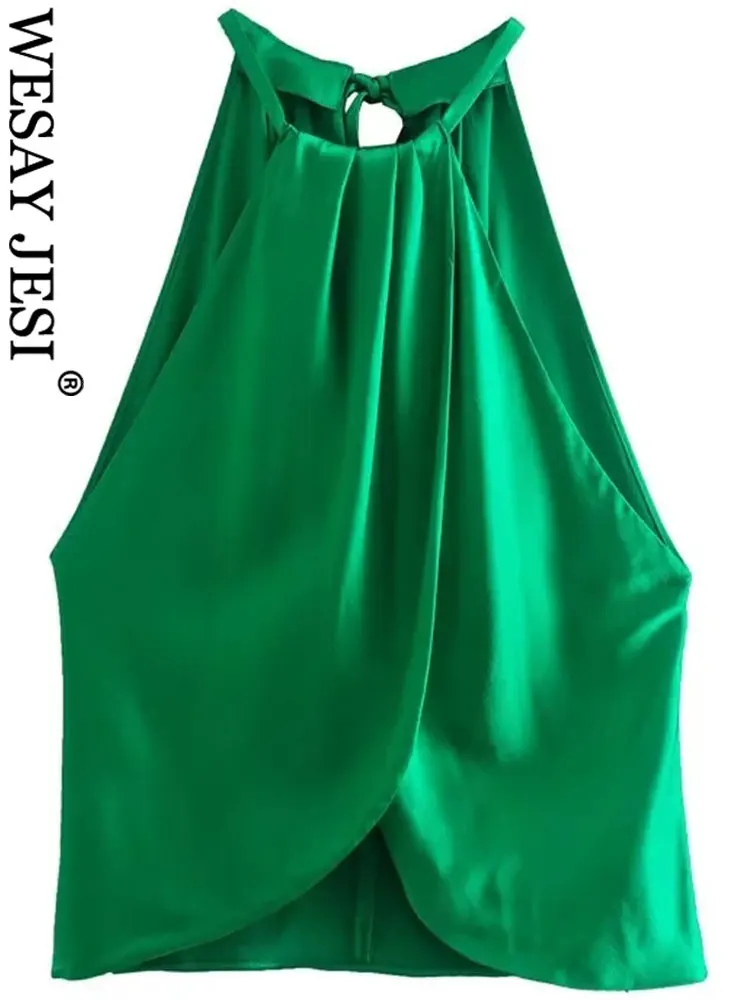 

WESAY JESI женская летняя однотонная зеленая жилетка без рукавов с лямкой на шее с вырезами 2022 модная шикарная плиссированная повседневная майк...