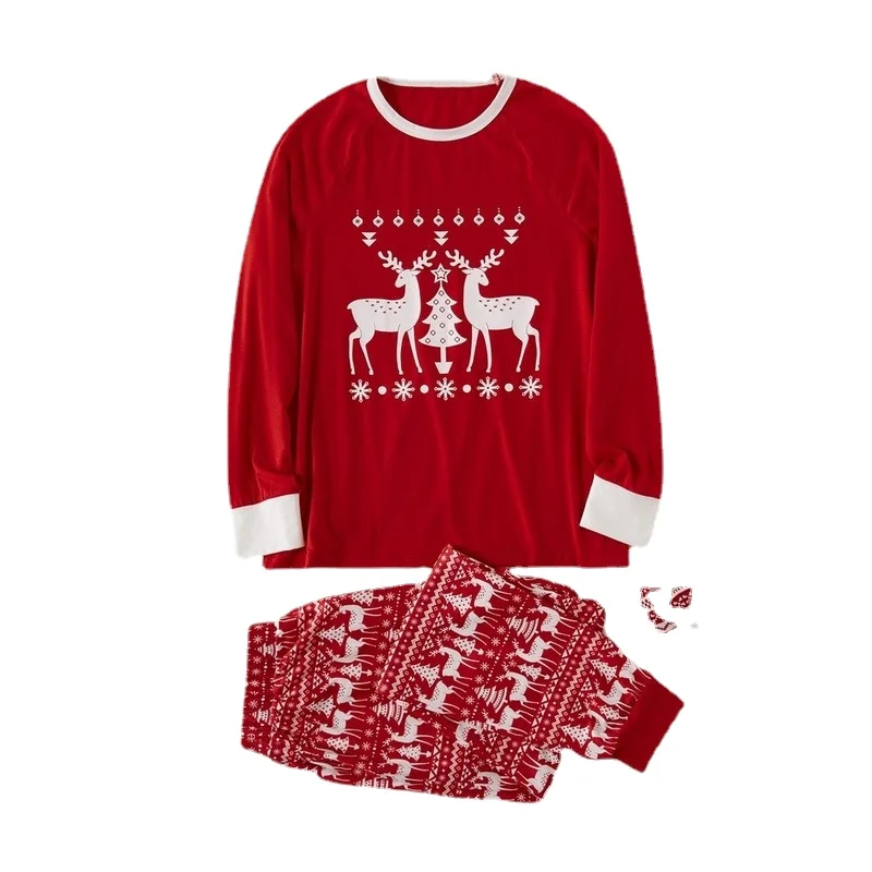 QWEEK Family Matching Outfits Deer Moose Print Red Pajamas Autumn Winter Christmas Pijamas Nightwear Women Sleepwear 2 Piece Set