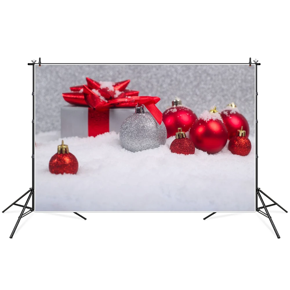 

Фон для фотосъемки с изображением Красного рождественского шара подарка снежинки боке для вечеринки домашнего декора фотобудки