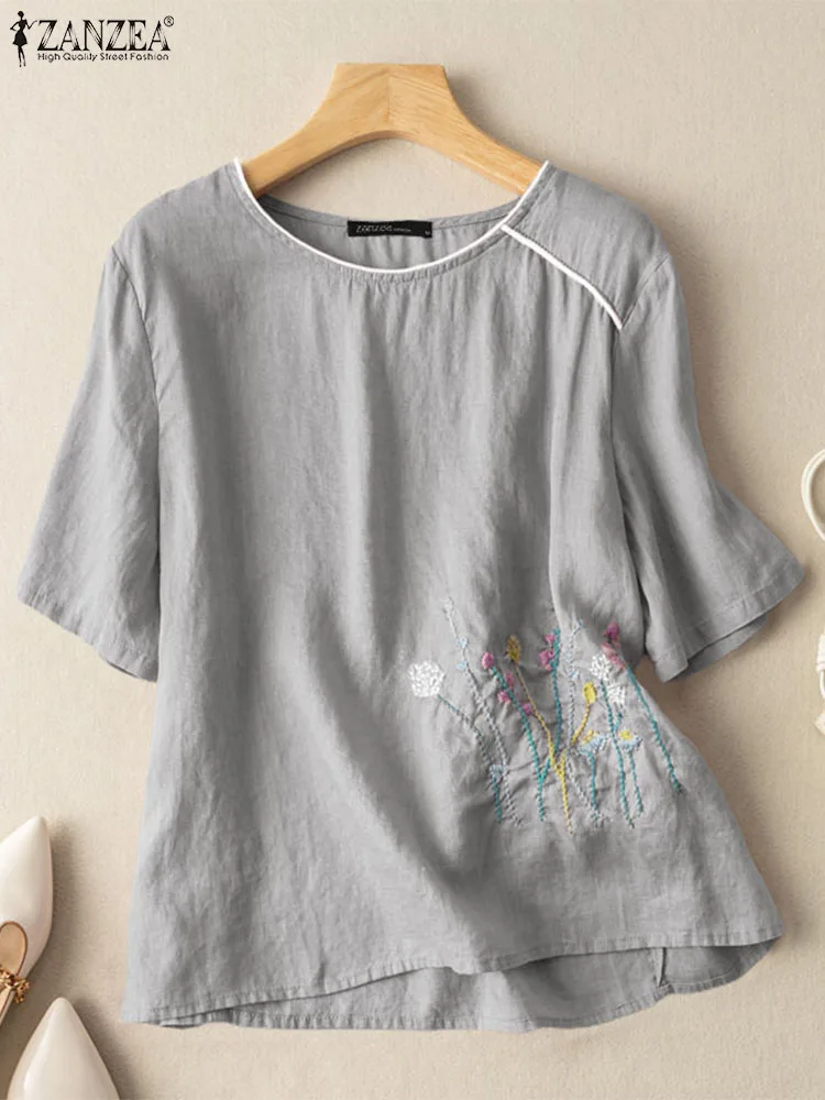 

Элегантная Свободная рубашка, праздничные Блузы ZANZEA, богемная блузка с цветочной вышивкой, Женская туника с круглым вырезом и коротким рука...