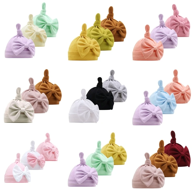 

57EE Infant Beanie Bow Hat 3Pcs Baby Hospital Hat Newborn Bun Knot Hats Muslin Headwear for Infant 0-1Month Baby Photo Props