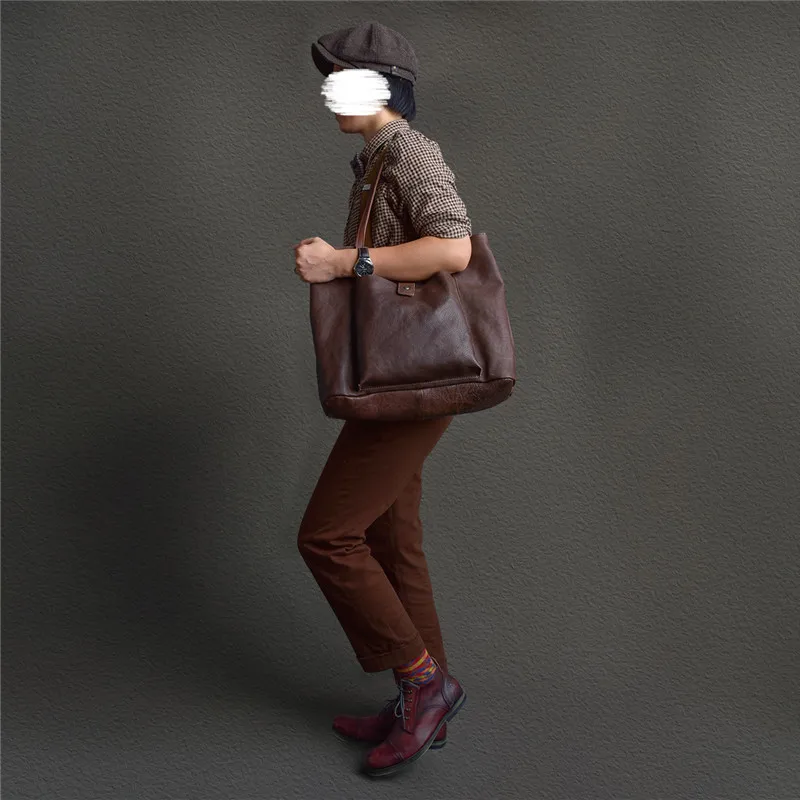 Fashion retro luxury natural real leather men's oversized tote bag daily outdoor travel large-capacity real cowhide shoulder bag