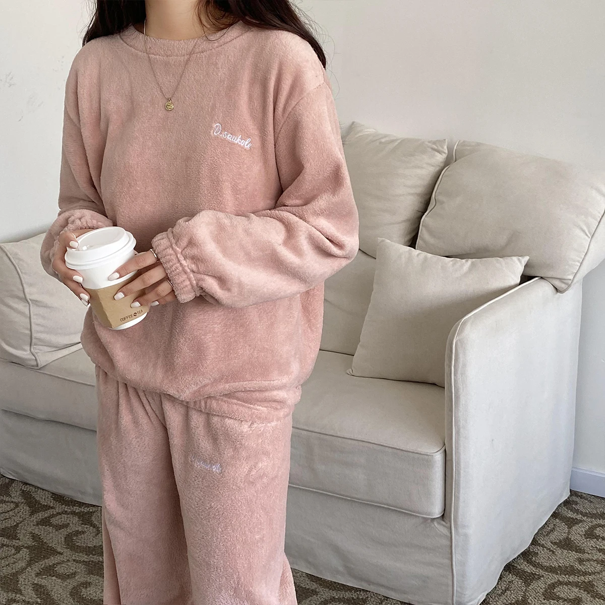 Women Girl Autumn Winter Coral Fleece Pajamas Fashion Solid Color Sleepwear Clothes