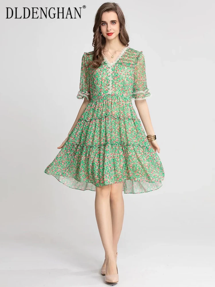 

DLDENGHAN Women Dress V-Neck Flare Sleeve Flowers Print Ruffles Elegant Party Short Dresses Fashion Runway Summer New