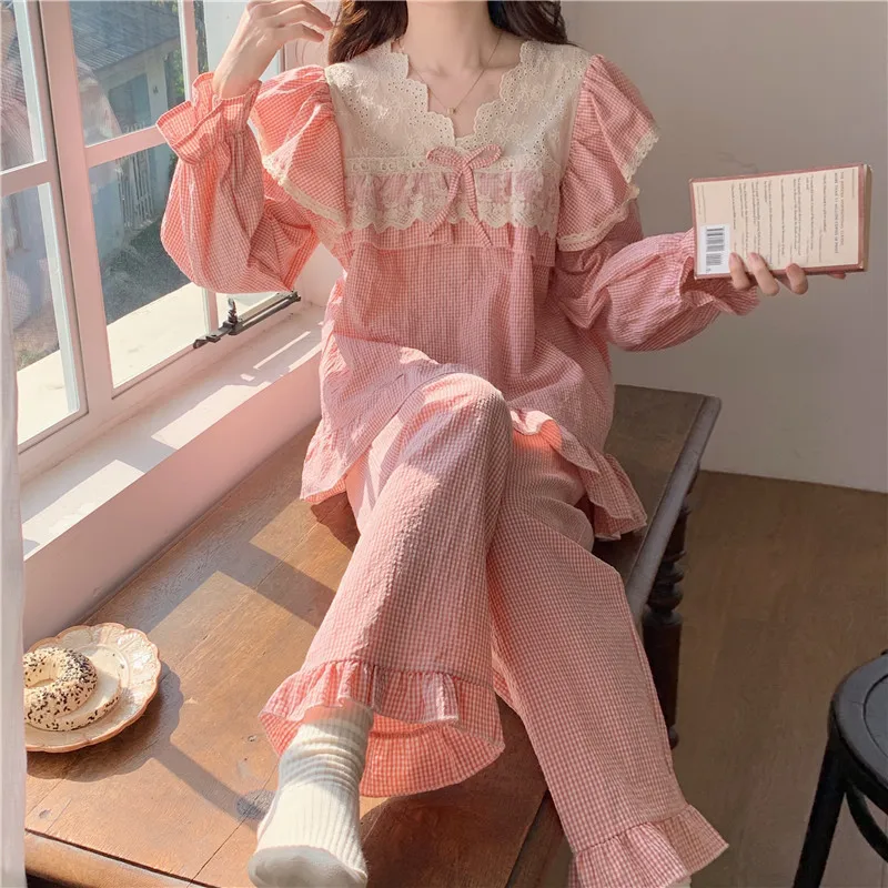Korean Cotton Spring Autumn Pajamas For Women Sweet Princess Long-Sleeve Lace Loose Home Clothes V Neck Ladie's Sleepwear Set