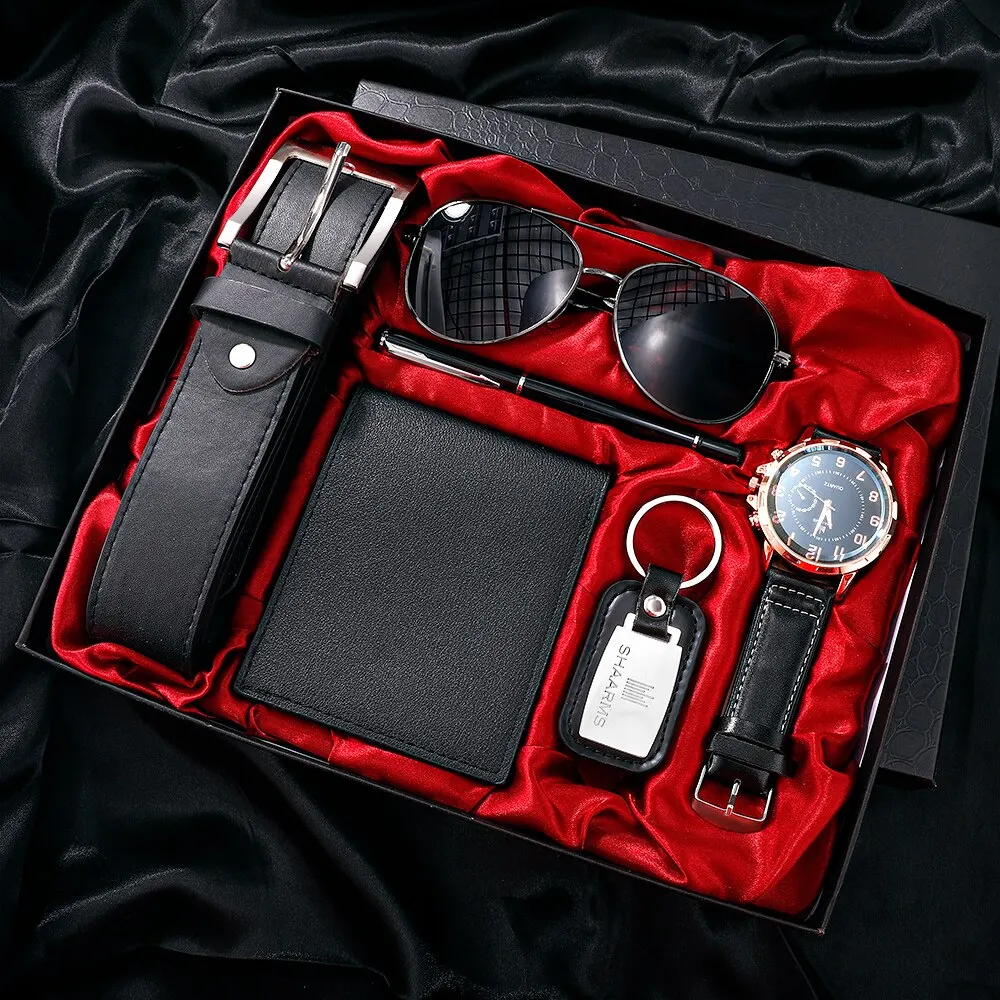 Watch Business Luxury Company Mens Set Watch Glasses Pen Keychain Belt Purse Welcome Holiday Birthday
