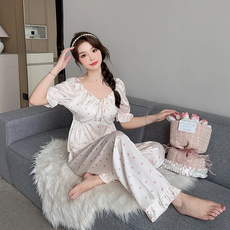 Summer Ice Silk Pajamas Women's Lace Short Sleeve Two Piece Princess Style Sweet Home Suit Can Be Outworn in Spring and Autumn