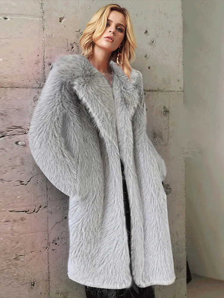 Women Elegant Winter Plush Faux Fur Overcoat Female Casual Loose Coat Jackets 2022 New Lapel Full Sleeve Fashion Coat