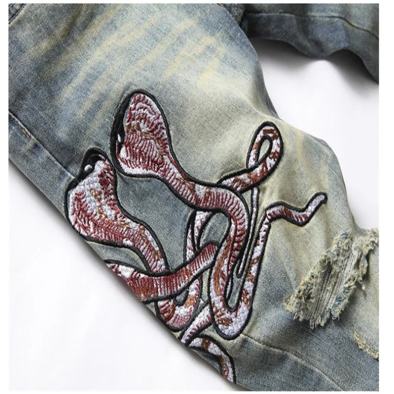 New jeans men's pants trousers джинсы для мужчин American style fashion hipster hole slim stretch embroidered cobra