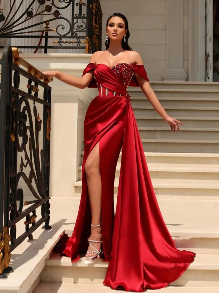 

Boat Neck Off The Shoulder Satin Luxury Dress Sexy Thigh-High Slit Dress Appliques Beading Pleat Evening Dresses