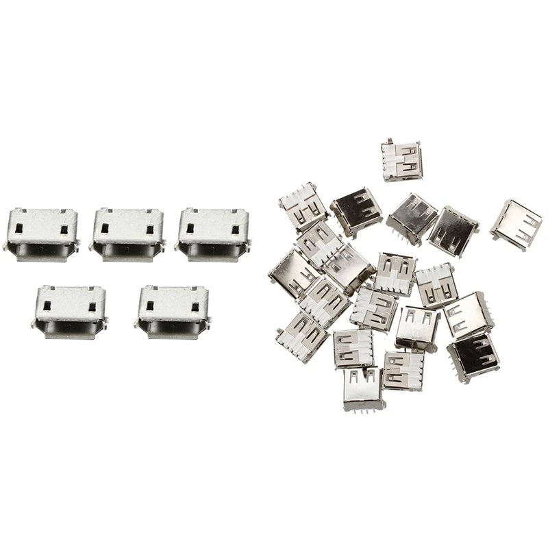 

20 USB Female Type A 4-Pin DIP Right Angle Plug Jack With 50Pcs Micro-USB Type B Female 5Pin SMT Socket Jack Connector