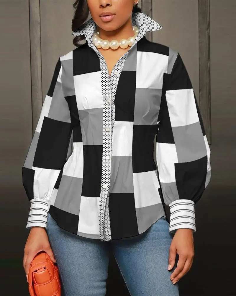 

Geometric Print Lantern Sleeve Button Down Shirt Women Spring Summer Fashion Casual Top Blouse Shirts