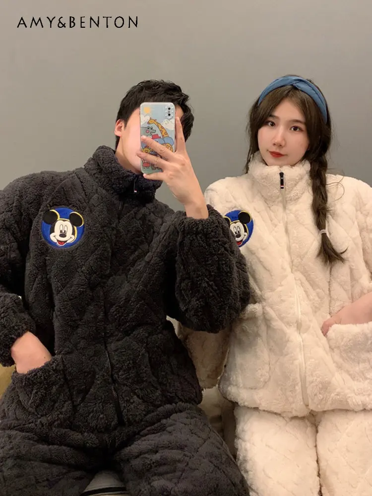 Cartoon Couple Pajamas Velvet Three-Layer Thickened Cotton Padded Jacket Ant Pant Outerwear Homewear Suit for Couples New