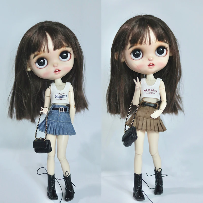 Фото Новое поступление, Одежда для куклы Blythe, футболка с принтом, жилет и джинсовая юбка с поясом для Blyth Licca OB24, одежда, аксессуары для кукол №1