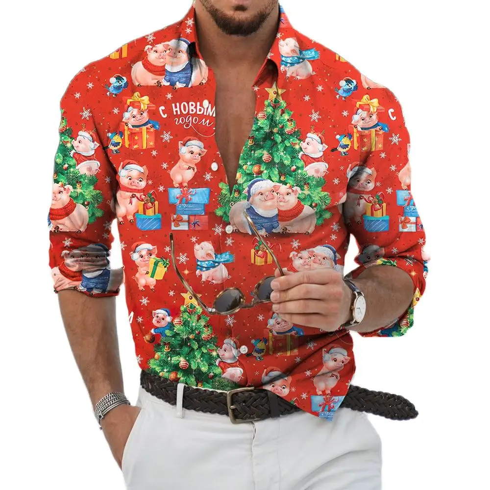 2022 New Men's Christmas Print Long Sleeve Button Shirt Fashion Casual Street Men's High quality Polo Large Top S-6XL