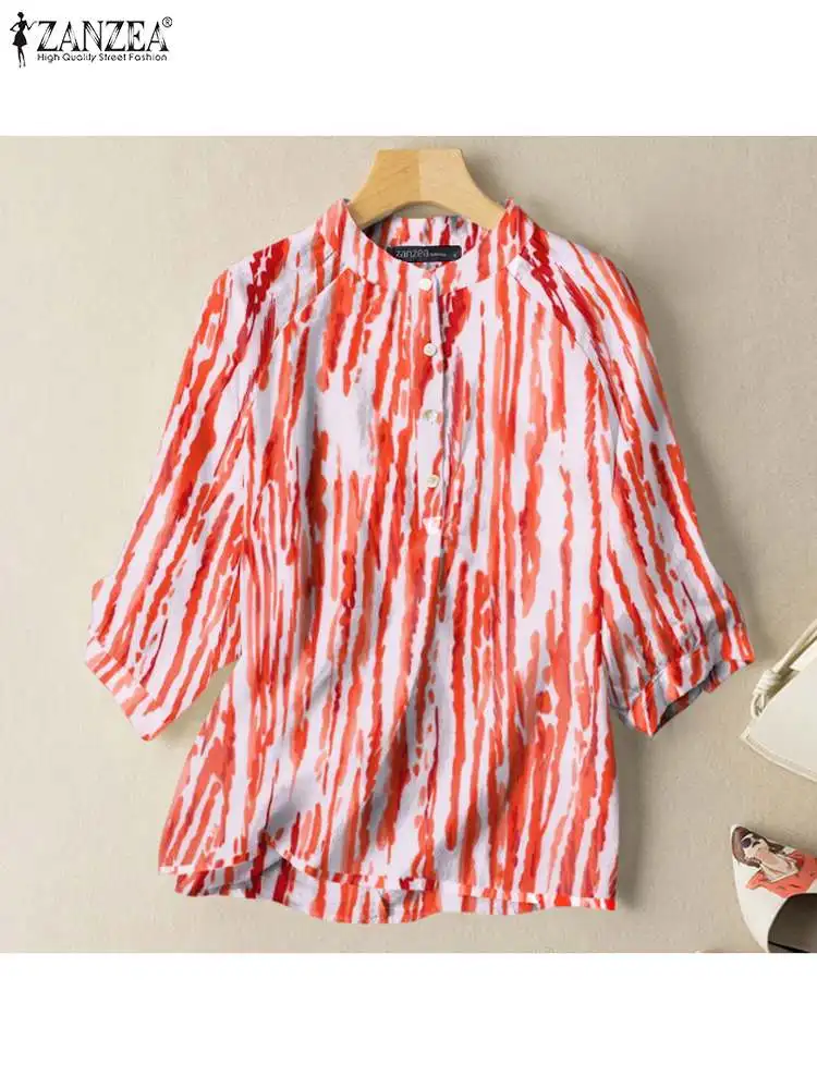 

Oversized Women's Summer Blouse 2022 Elegant Casual Stand Collar 3/4 Sleeve Shirt ZANZEA Female Printed Loose Blusas Femininas