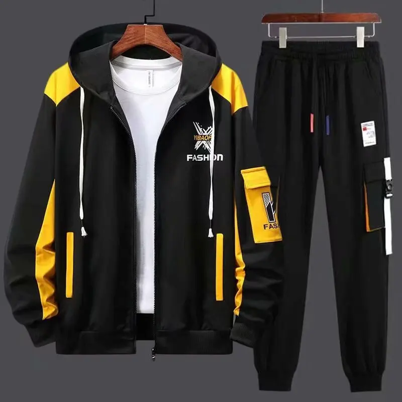 2023 Spring Autumn Men Tracksuit Hoodies and Sweatpants Fashion Casual Patchwork Youth Preppy Style Light Coat