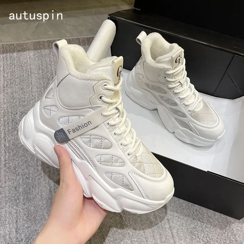 

Autuspin Female Outdoor Motorcycle Boots Winter Fashion Women Warm Shoes Genuine Leather Snow Boots Ladies High Top Sneakers