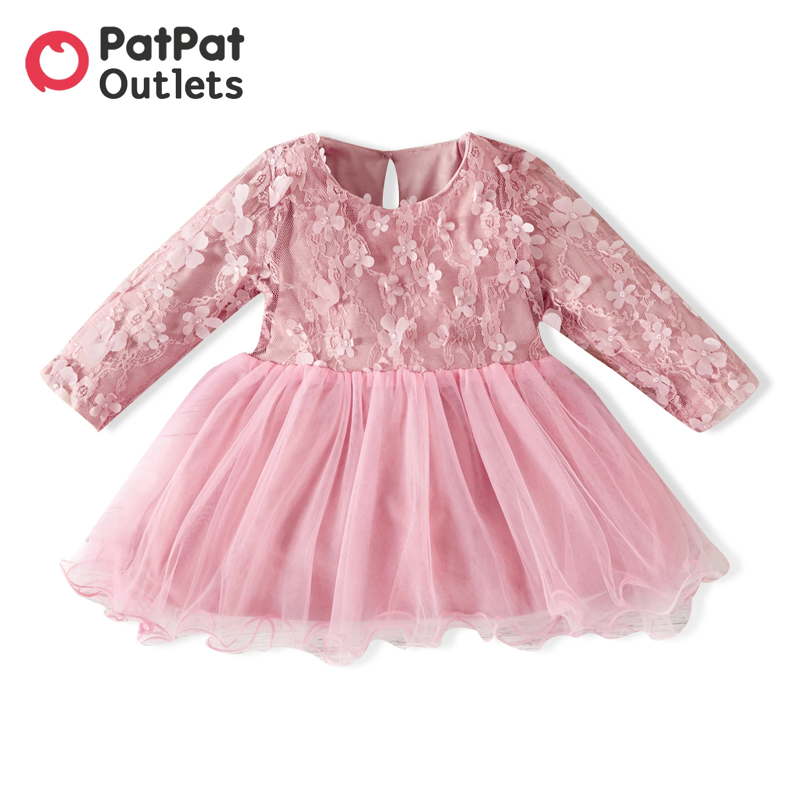 

PatPat Princess Party Dress NewBorn Baby Girl Clothes New Born Dresses 100% Cotton 3D Floral Mesh Long-sleeve for Birthday