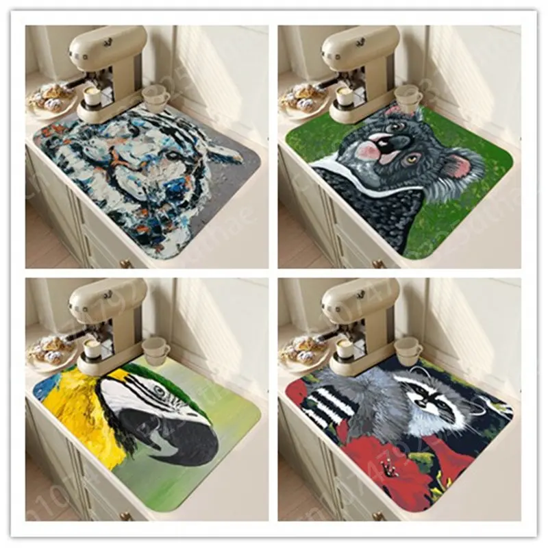 

Abstract Animal Oil Painting Pattern Drain Pad Kitchen Super Absorbent Tableware Drainer Mats Coffee Machine Dish Drying Mat