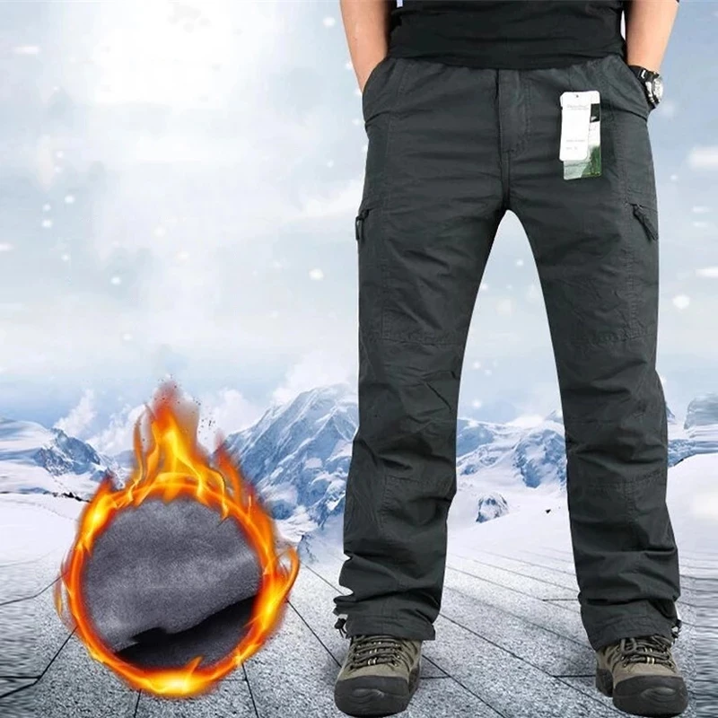 

Winter Fleece Military Cargo Pants Men Thick Warm Casual Cotton Multi Pocket Double Layer Overalls Rip-Stop Army Long Trousers