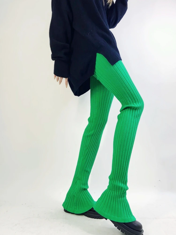 Long Knitted Women Flare Pants Autumn New Design Green Solid High Elastic Vintage Slim Sexy Female Clothing Top Quality